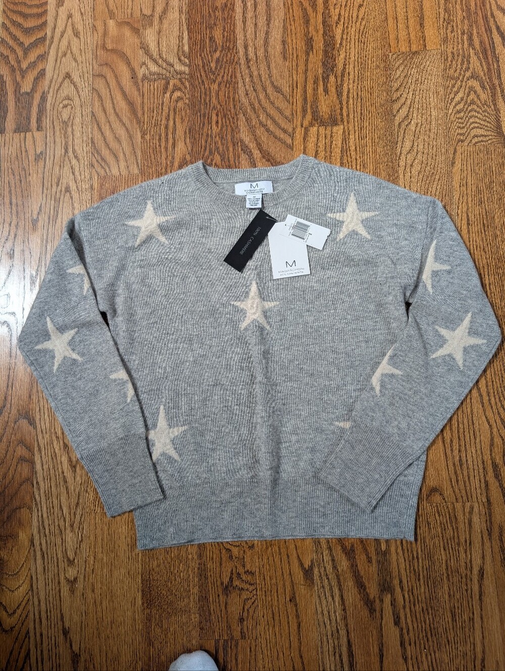 NWT Magaschoni Cashmere Sweater  Gray with Cream Star Pattern, Sz M